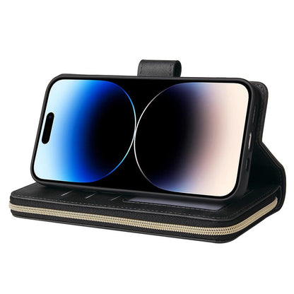 For iPhone 14 Pro Max PU Leather Wallet Phone Case 9 Card Holder Slots Magnetic Closure Zipper Pocket Stand Flip Cover with Strap