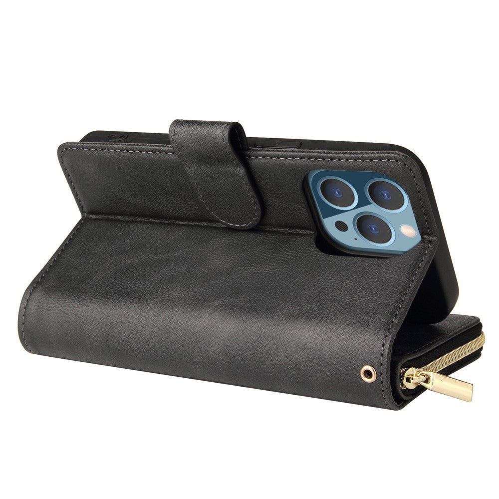 For iPhone 14 Pro Max PU Leather Wallet Phone Case 9 Card Holder Slots Magnetic Closure Zipper Pocket Stand Flip Cover with Strap