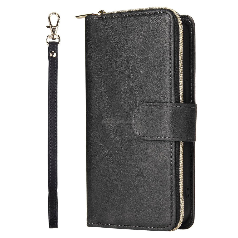 For iPhone 14 Pro Max PU Leather Wallet Phone Case 9 Card Holder Slots Magnetic Closure Zipper Pocket Stand Flip Cover with Strap