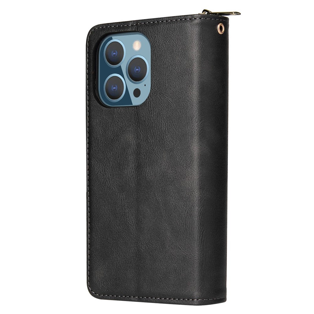 For iPhone 14 Pro Max PU Leather Wallet Phone Case 9 Card Holder Slots Magnetic Closure Zipper Pocket Stand Flip Cover with Strap