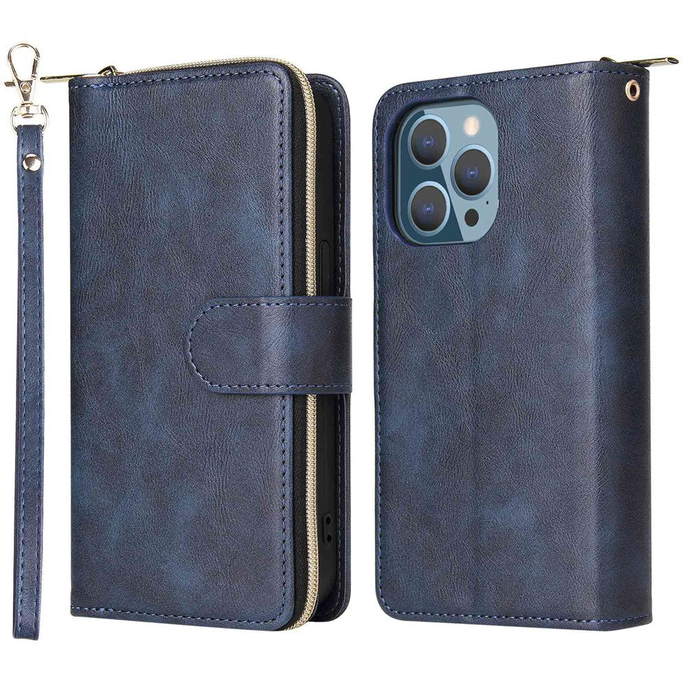 For iPhone 14 Pro Max PU Leather Wallet Phone Case 9 Card Holder Slots Magnetic Closure Zipper Pocket Stand Flip Cover with Strap
