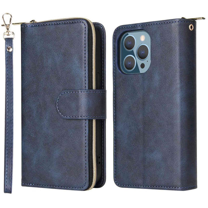 For iPhone 14 Pro Max PU Leather Wallet Phone Case 9 Card Holder Slots Magnetic Closure Zipper Pocket Stand Flip Cover with Strap