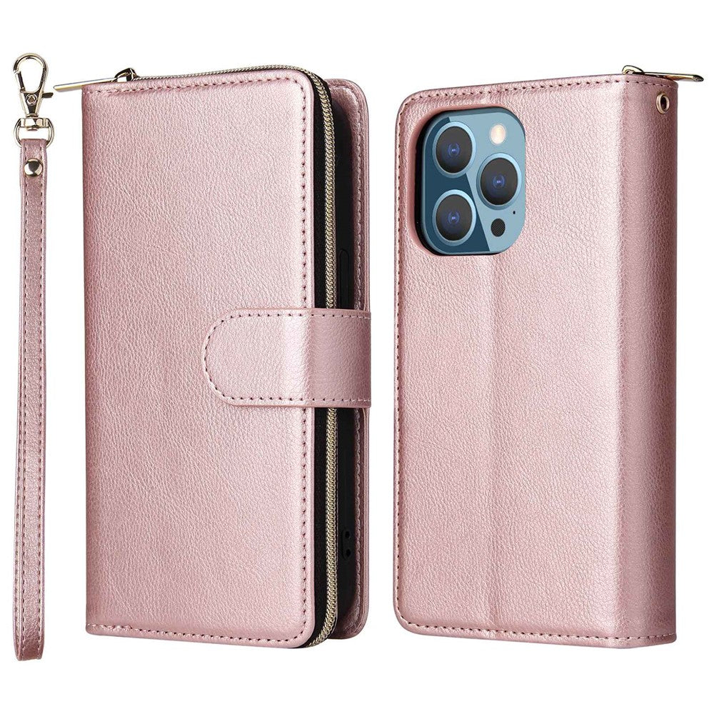For iPhone 14 Pro Max PU Leather Wallet Phone Case 9 Card Holder Slots Magnetic Closure Zipper Pocket Stand Flip Cover with Strap
