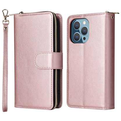 For iPhone 14 Pro Max PU Leather Wallet Phone Case 9 Card Holder Slots Magnetic Closure Zipper Pocket Stand Flip Cover with Strap