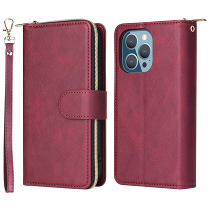 For iPhone 14 Pro Max PU Leather Wallet Phone Case 9 Card Holder Slots Magnetic Closure Zipper Pocket Stand Flip Cover with Strap
