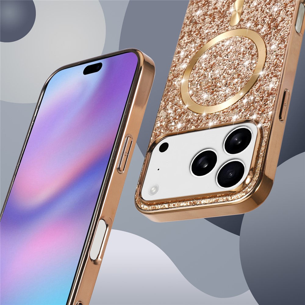 For iPhone 18 Pro / 17 Pro Magnetic Phone Case Glitter Electroplated TPU Frame PC Back Cover