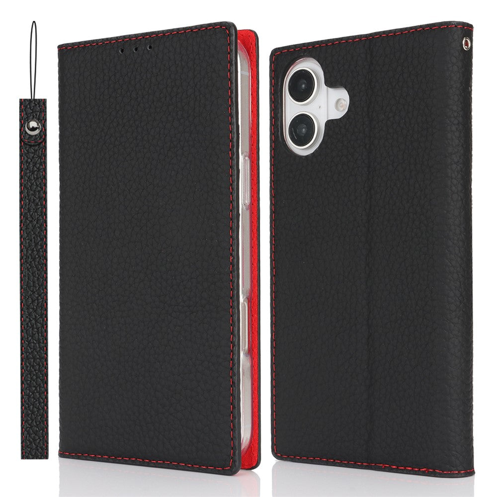For iPhone 17 Wallet Case Genuine Cow Leather Phone Cover Litchi Texture