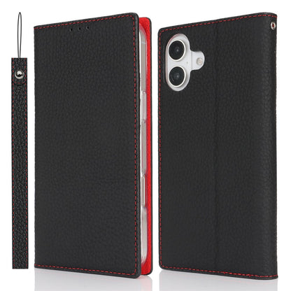 For iPhone 17 Wallet Case Genuine Cow Leather Phone Cover Litchi Texture