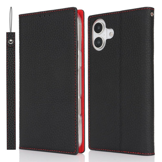 For iPhone 17 Wallet Case Genuine Cow Leather Phone Cover Litchi Texture