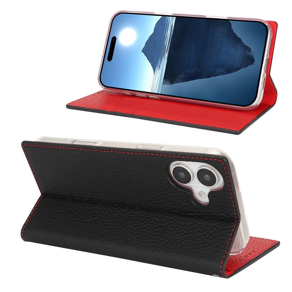 For iPhone 17 Wallet Case Genuine Cow Leather Phone Cover Litchi Texture