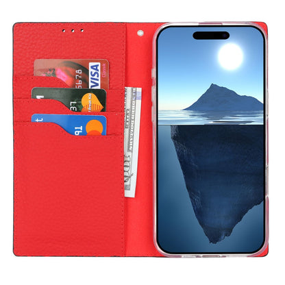 For iPhone 17 Wallet Case Genuine Cow Leather Phone Cover Litchi Texture