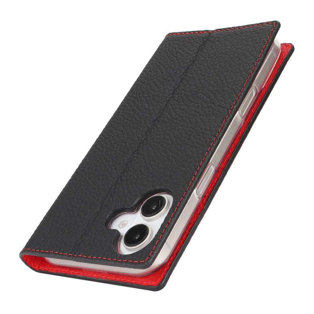For iPhone 17 Wallet Case Genuine Cow Leather Phone Cover Litchi Texture