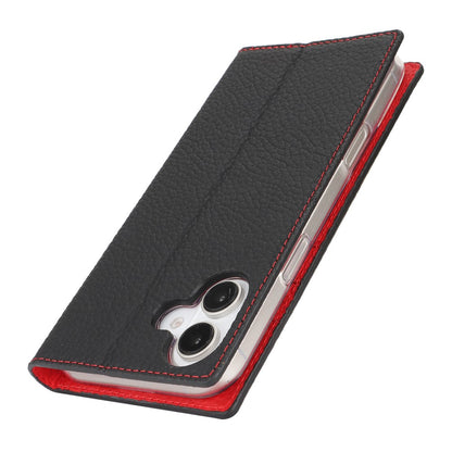 For iPhone 17 Wallet Case Genuine Cow Leather Phone Cover Litchi Texture