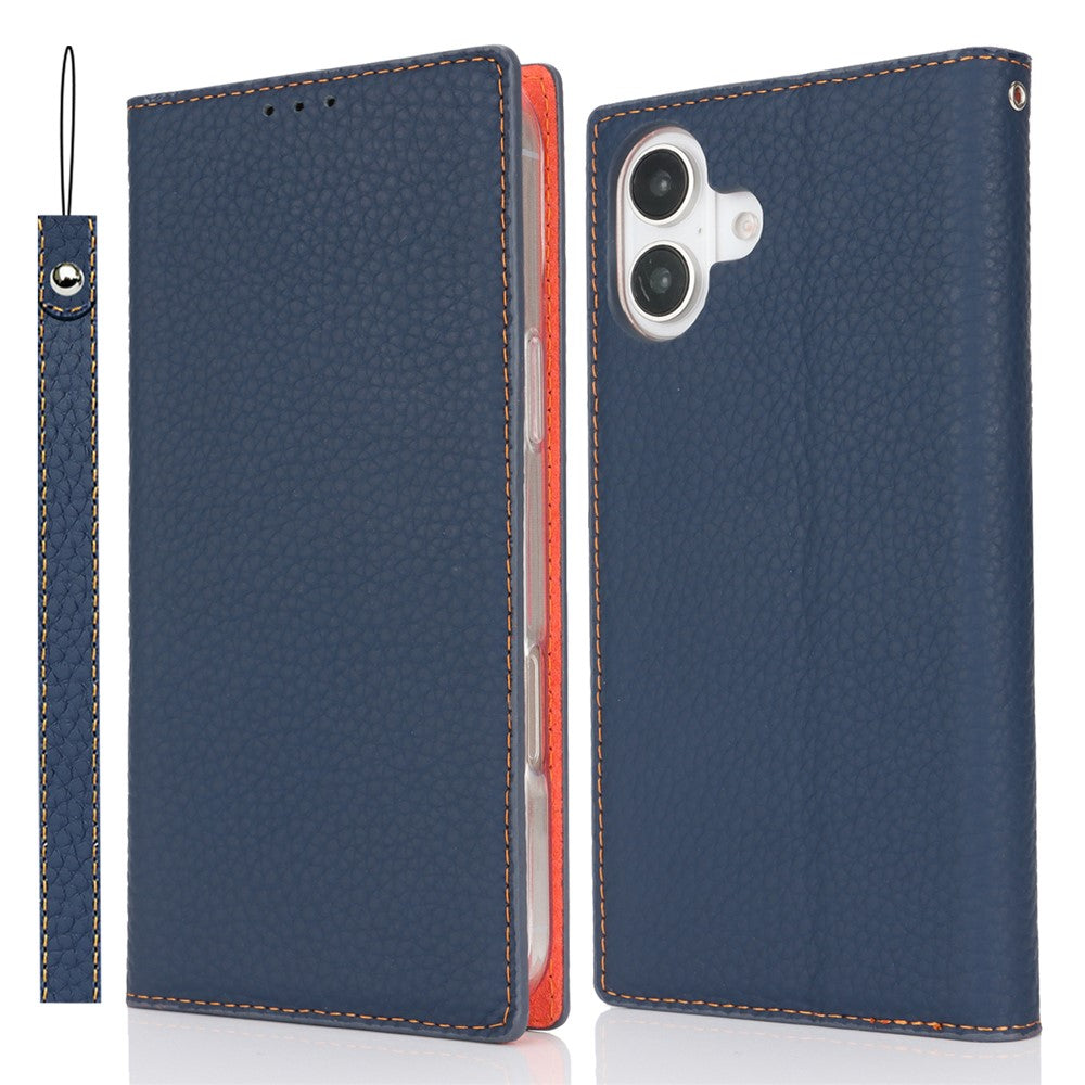 For iPhone 17 Wallet Case Genuine Cow Leather Phone Cover Litchi Texture
