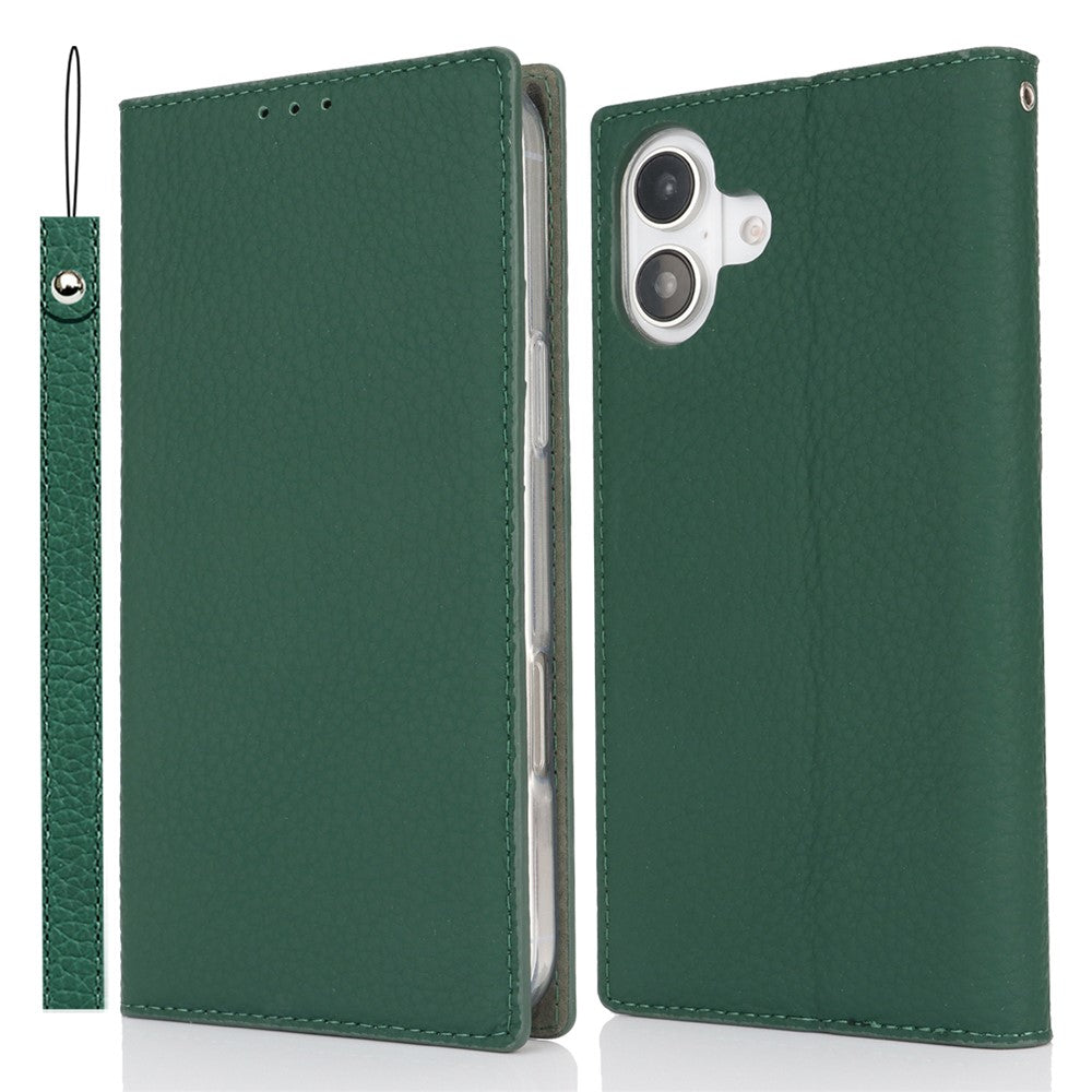 For iPhone 17 Wallet Case Genuine Cow Leather Phone Cover Litchi Texture