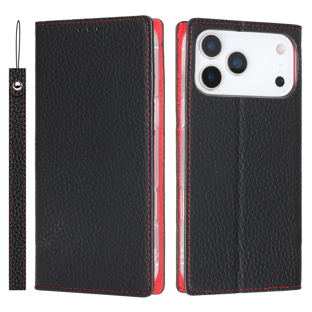 For iPhone 17 Pro Max Wallet Case Genuine Cow Leather Phone Cover Litchi Texture