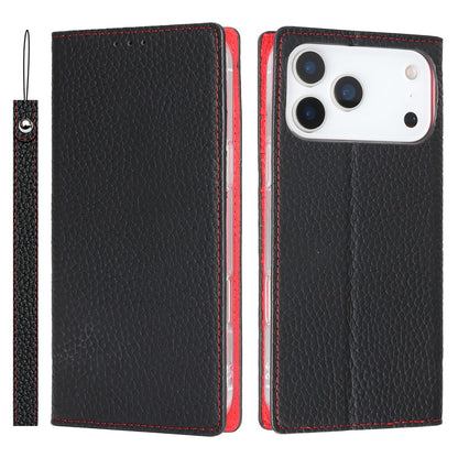 For iPhone 17 Pro Max Wallet Case Genuine Cow Leather Phone Cover Litchi Texture
