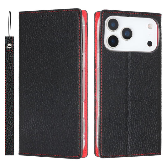 For iPhone 17 Pro Max Wallet Case Genuine Cow Leather Phone Cover Litchi Texture