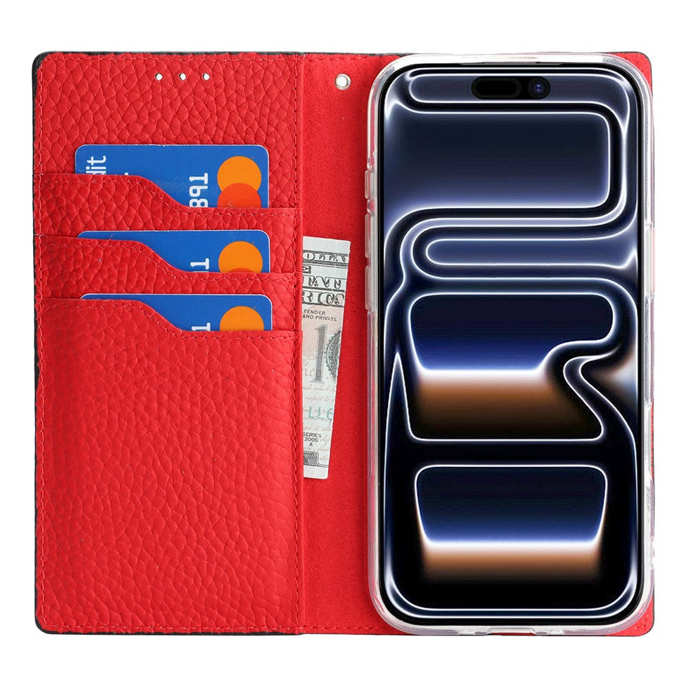 For iPhone 17 Pro Max Wallet Case Genuine Cow Leather Phone Cover Litchi Texture
