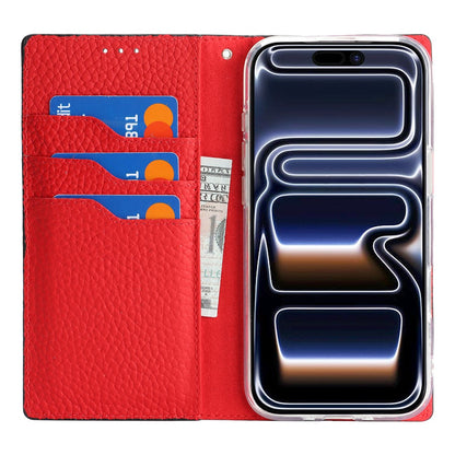 For iPhone 17 Pro Max Wallet Case Genuine Cow Leather Phone Cover Litchi Texture