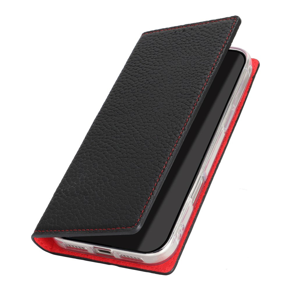 For iPhone 17 Pro Max Wallet Case Genuine Cow Leather Phone Cover Litchi Texture