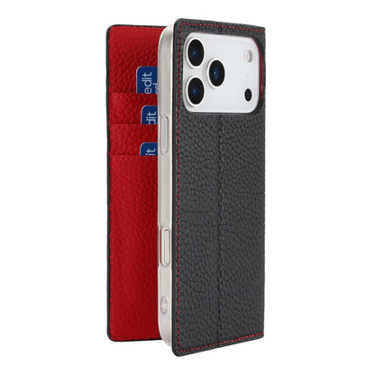 For iPhone 17 Pro Max Wallet Case Genuine Cow Leather Phone Cover Litchi Texture