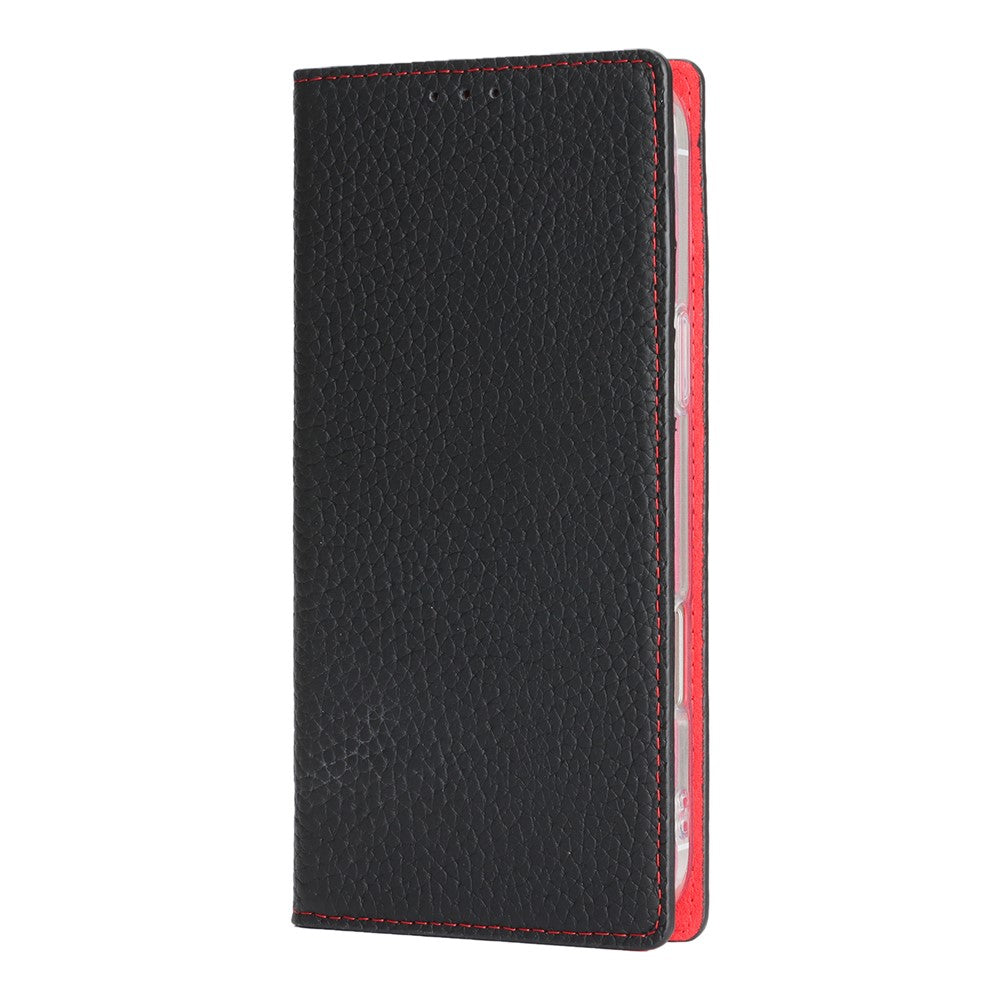 For iPhone 17 Pro Max Wallet Case Genuine Cow Leather Phone Cover Litchi Texture