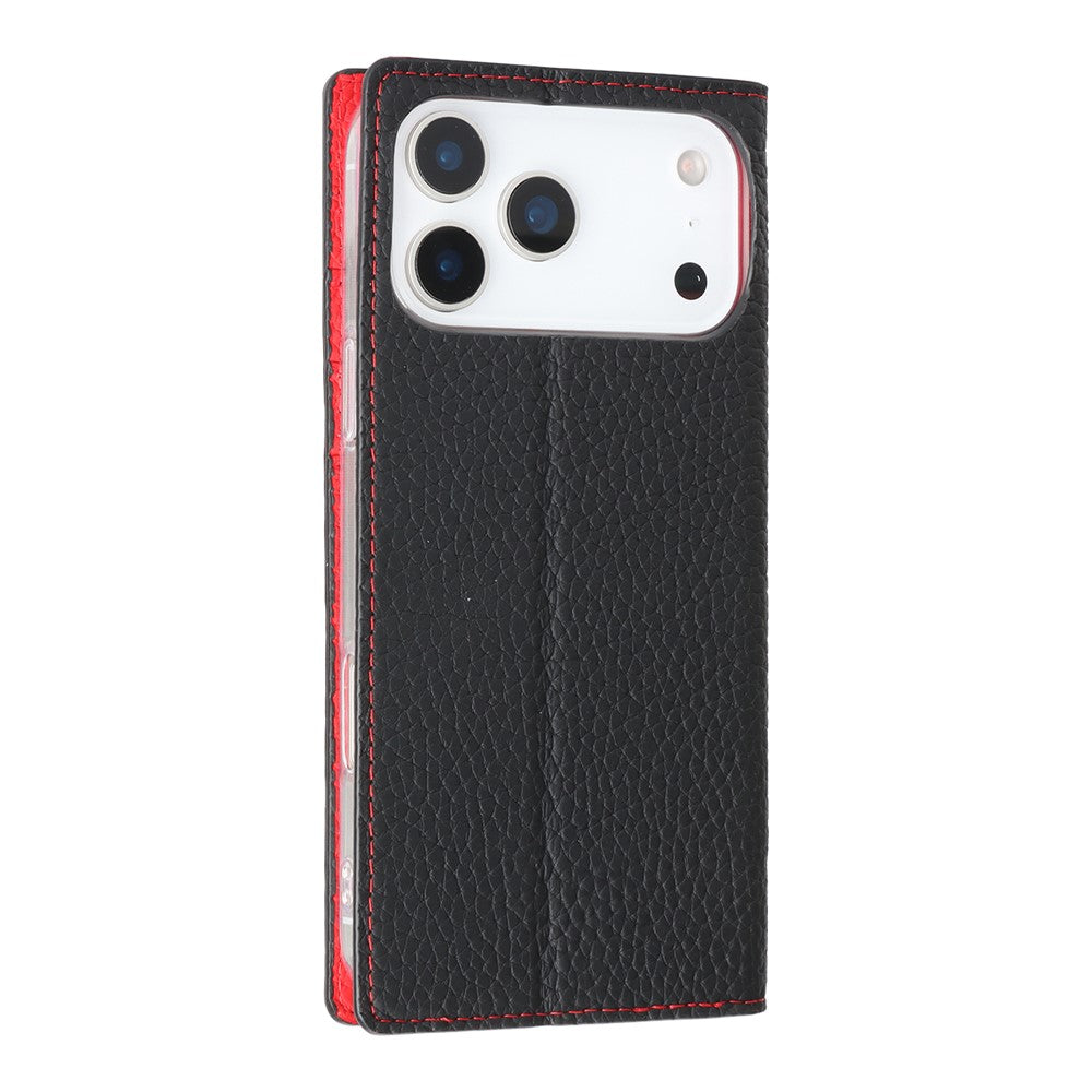 For iPhone 17 Pro Max Wallet Case Genuine Cow Leather Phone Cover Litchi Texture