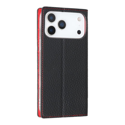 For iPhone 17 Pro Max Wallet Case Genuine Cow Leather Phone Cover Litchi Texture