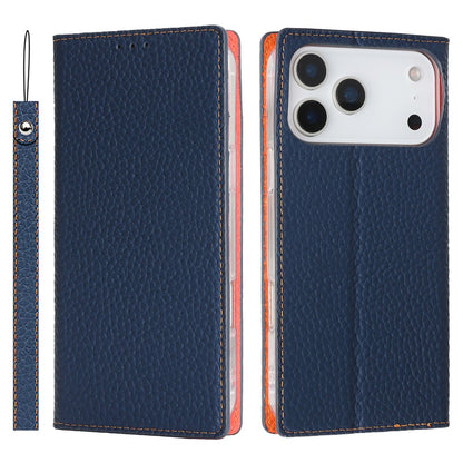 For iPhone 17 Pro Max Wallet Case Genuine Cow Leather Phone Cover Litchi Texture
