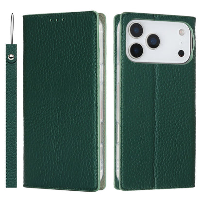 For iPhone 17 Pro Max Wallet Case Genuine Cow Leather Phone Cover Litchi Texture
