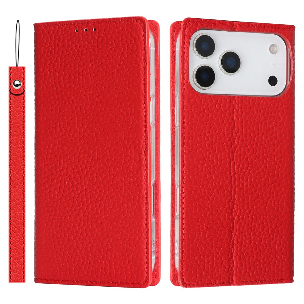 For iPhone 17 Pro Max Wallet Case Genuine Cow Leather Phone Cover Litchi Texture