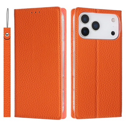 For iPhone 17 Pro Max Wallet Case Genuine Cow Leather Phone Cover Litchi Texture