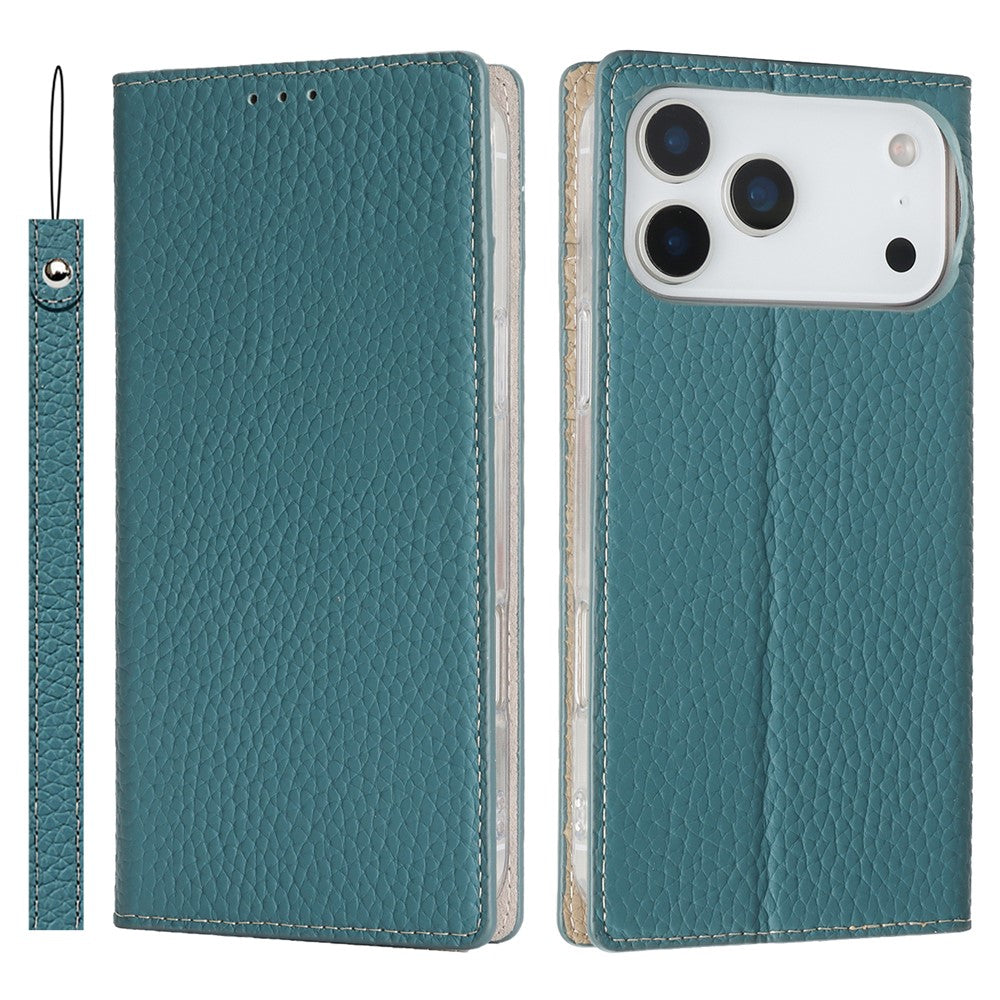For iPhone 17 Pro Max Wallet Case Genuine Cow Leather Phone Cover Litchi Texture