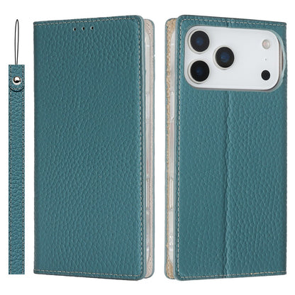 For iPhone 17 Pro Max Wallet Case Genuine Cow Leather Phone Cover Litchi Texture