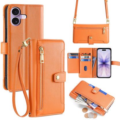 For iPhone 17 Leather Case Zipper Pocket Wallet Phone Cover with 2 Straps