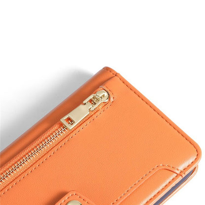 For iPhone 17 Leather Case Zipper Pocket Wallet Phone Cover with 2 Straps