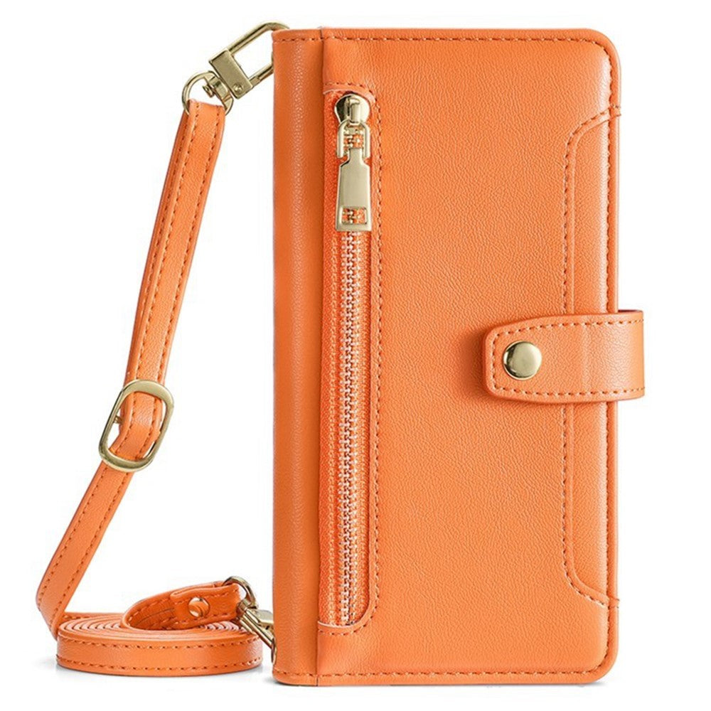 For iPhone 17 Leather Case Zipper Pocket Wallet Phone Cover with 2 Straps