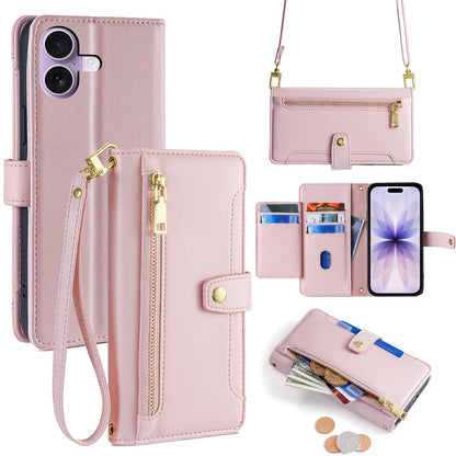 For iPhone 17 Leather Case Zipper Pocket Wallet Phone Cover with 2 Straps