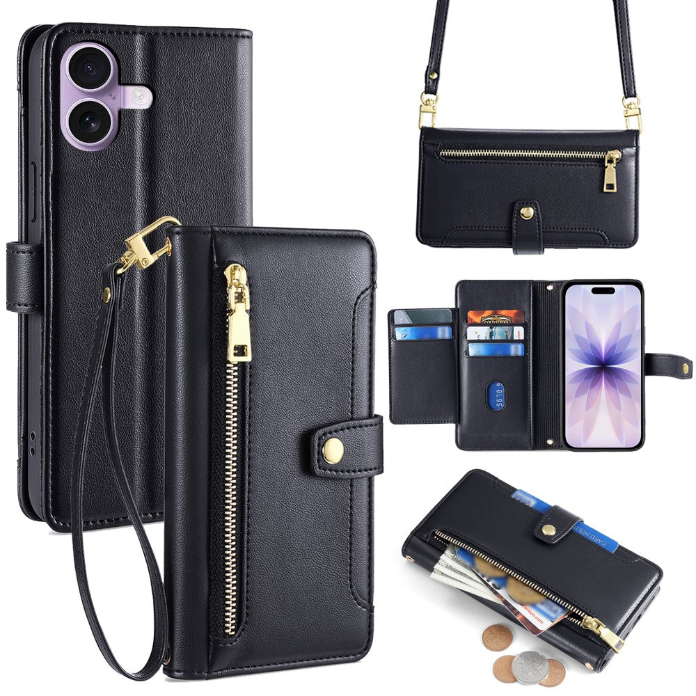 For iPhone 17 Leather Case Zipper Pocket Wallet Phone Cover with 2 Straps