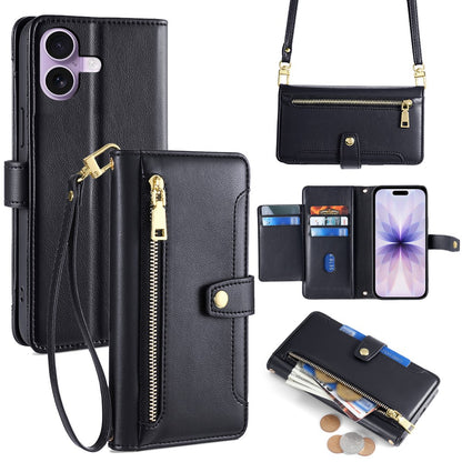For iPhone 17 Leather Case Zipper Pocket Wallet Phone Cover with 2 Straps