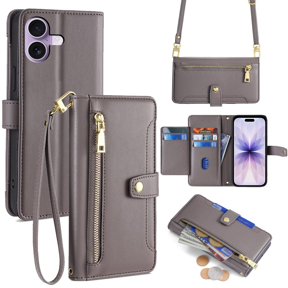 For iPhone 17 Leather Case Zipper Pocket Wallet Phone Cover with 2 Straps