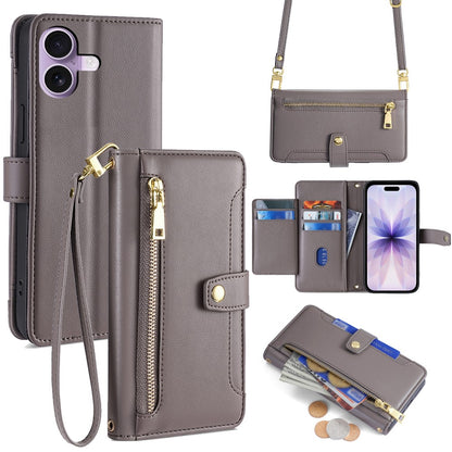 For iPhone 17 Leather Case Zipper Pocket Wallet Phone Cover with 2 Straps