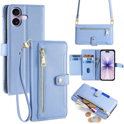 For iPhone 17 Leather Case Zipper Pocket Wallet Phone Cover with 2 Straps
