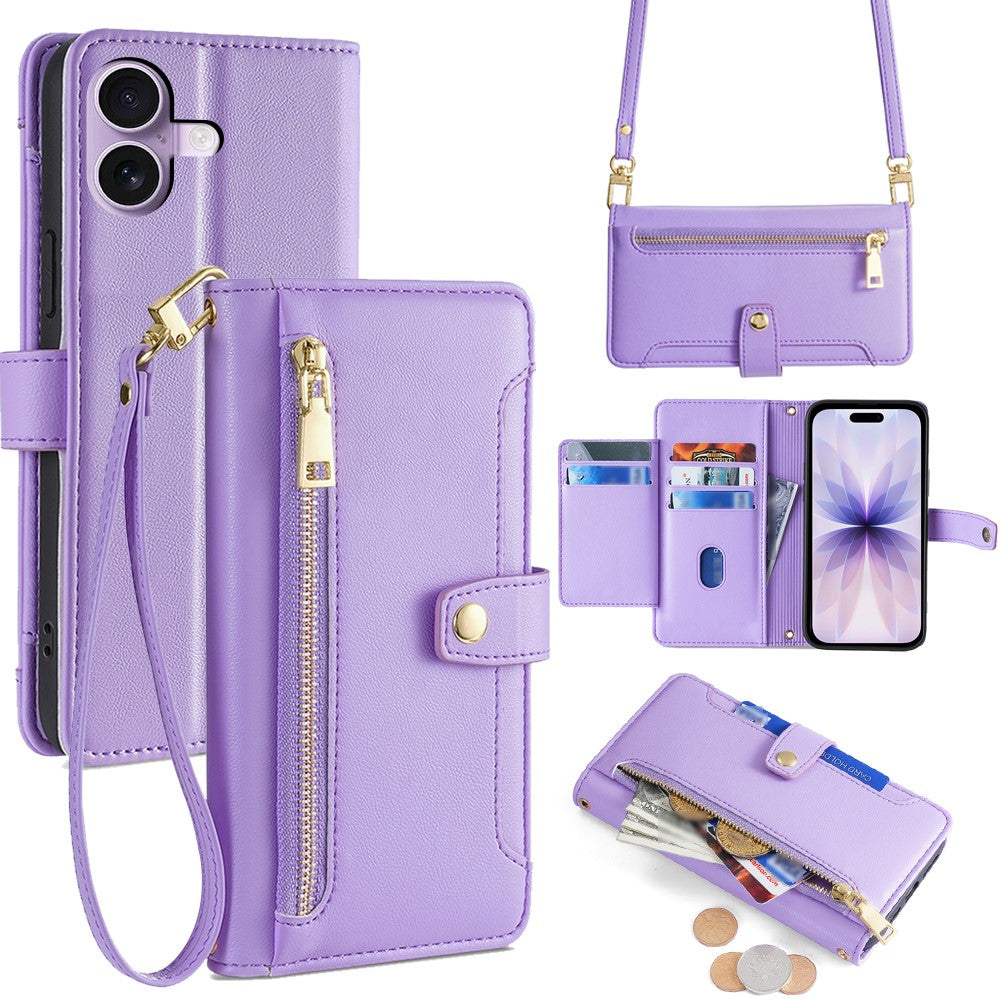 For iPhone 17 Leather Case Zipper Pocket Wallet Phone Cover with 2 Straps