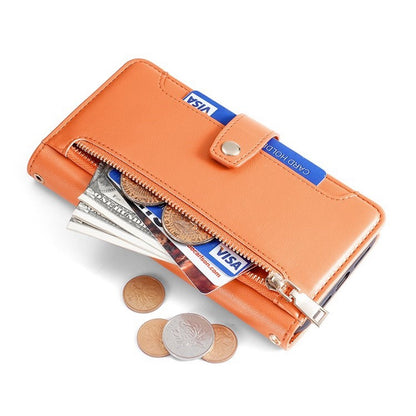 For iPhone 17 Pro Leather Case Zipper Pocket Wallet Phone Cover with 2 Straps
