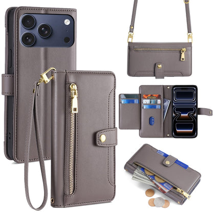 For iPhone 17 Pro Leather Case Zipper Pocket Wallet Phone Cover with 2 Straps
