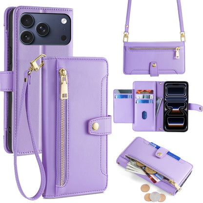 For iPhone 17 Pro Leather Case Zipper Pocket Wallet Phone Cover with 2 Straps