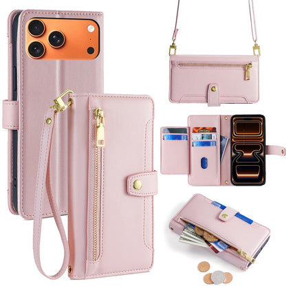 For iPhone 17 Pro Max Leather Case Zipper Pocket Wallet Phone Cover with 2 Straps