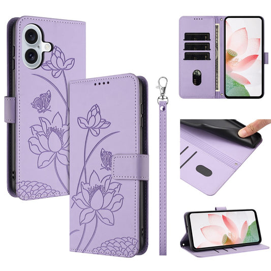 For iPhone 17 Case Wallet Stand Lotus Imprint Leather Phone Cover with Wrist Strap